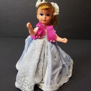 Vintage 1960s Hong Kong Fashion Clone Doll 6" in Blue Lace Gown & Pink Bolero